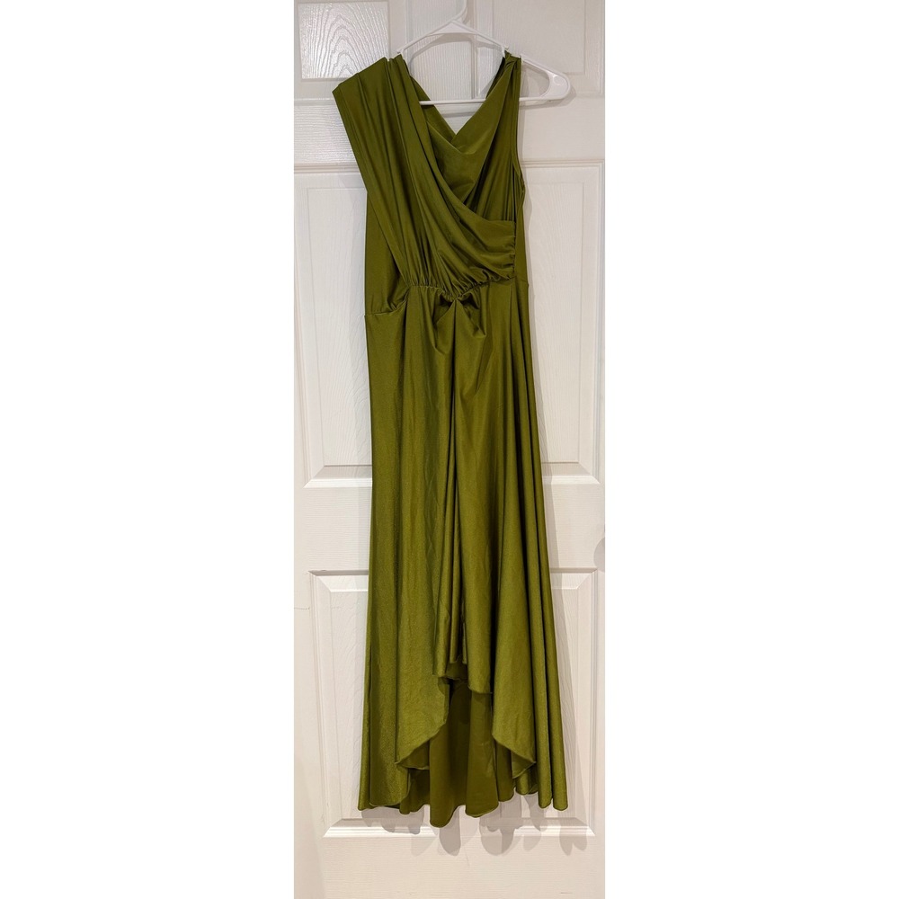 Olive Green Draped High-Low Maxi Dress Formal Gown L 8/10 Cocktail Grecian Chic